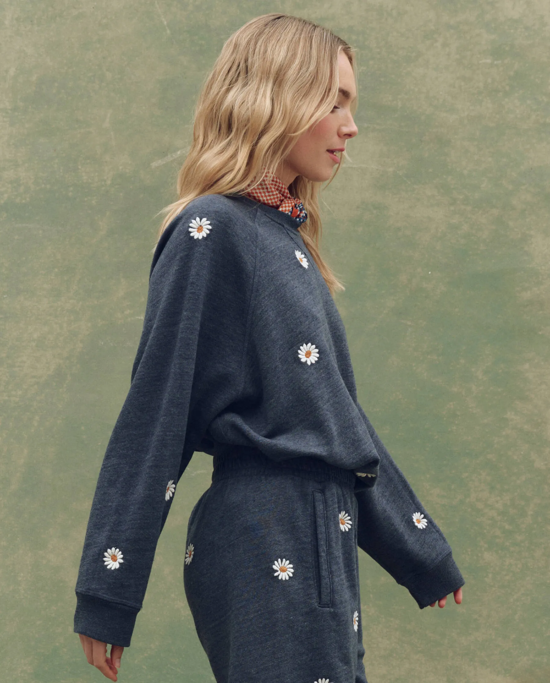 The Slouch Sweatshirt. Embroidered -- Heathered Vintage Blue with Floating Daisy Embroidery sold by THE GREAT. product image thumbnail 4