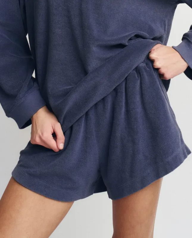 The Micro Terry Swing Short. -- Vintage Blue sold by THE GREAT.