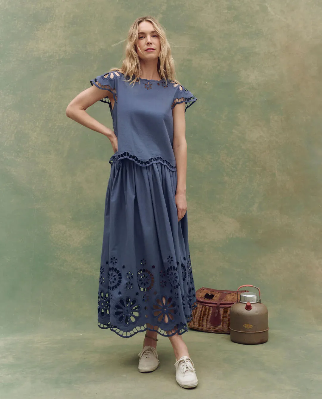 The Super Bloom Eyelet Skirt. -- Vintage Blue sold by THE GREAT. product image thumbnail 4