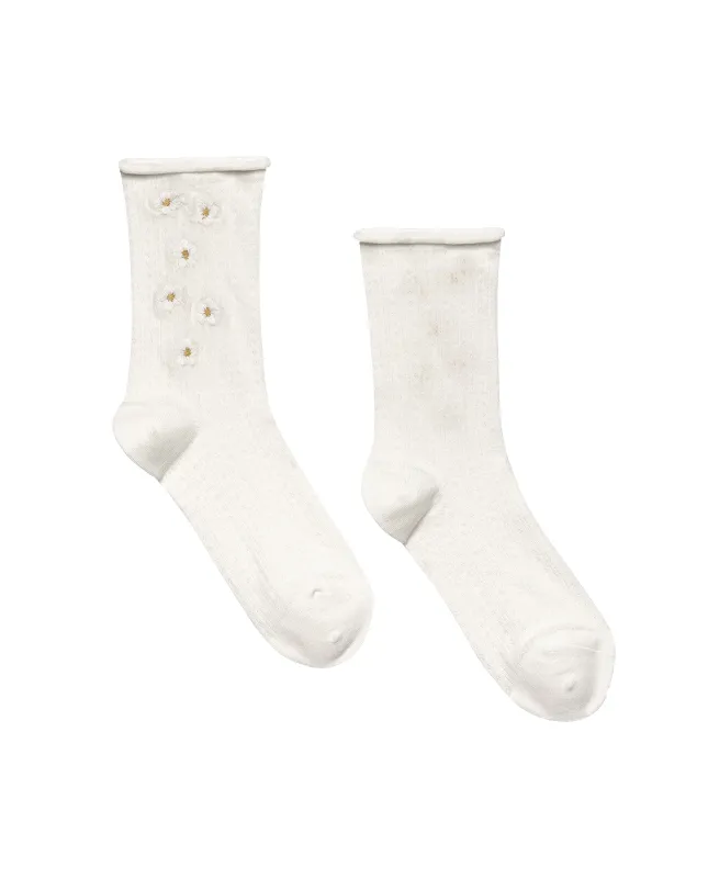 The Pointelle Sock. -- True White with Daisy Embroidery sold by THE GREAT.