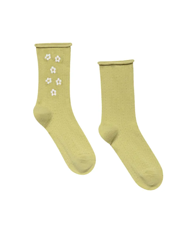 The Pointelle Sock. -- Citron with Daisy Embroidery sold by THE GREAT.