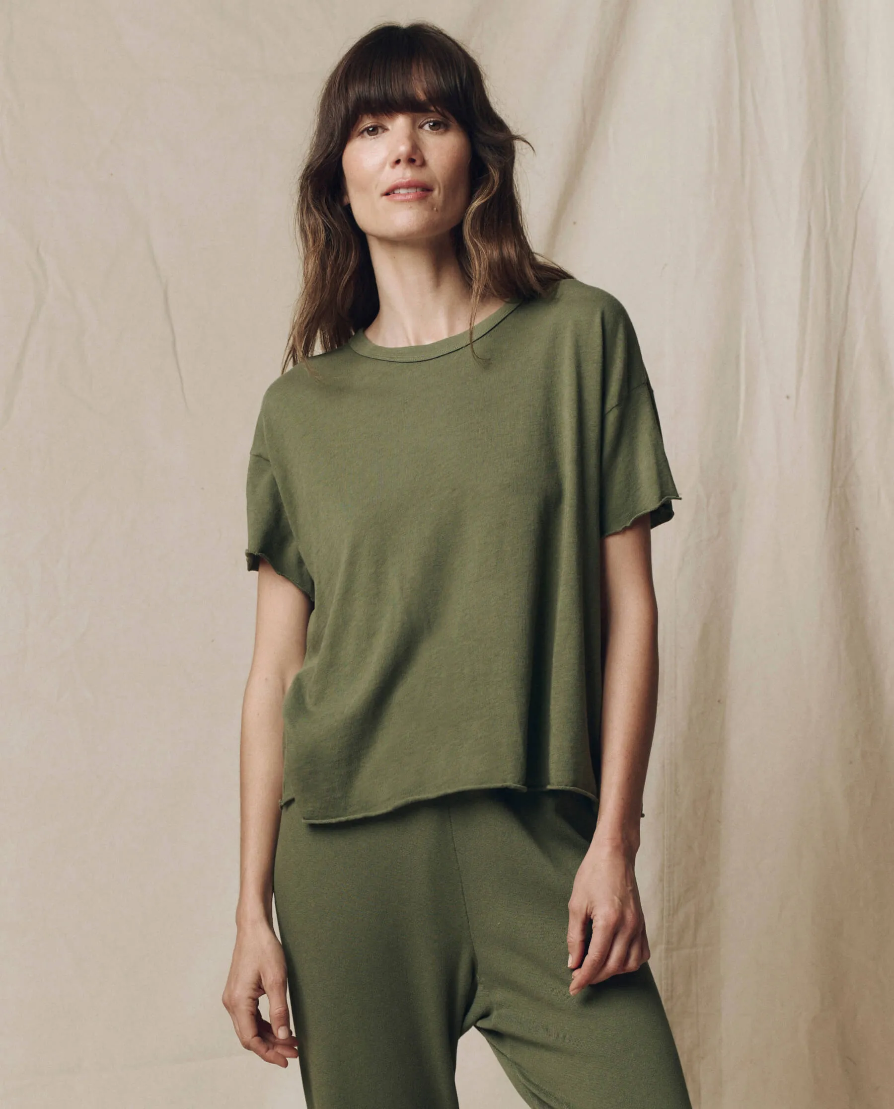 The Crop Tee. Solid -- Heritage Army sold by THE GREAT.