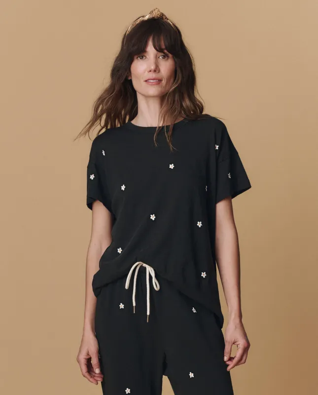 The Boxy Crew. Embroidered -- Almost Black With Daisy Embroidery sold by THE GREAT.