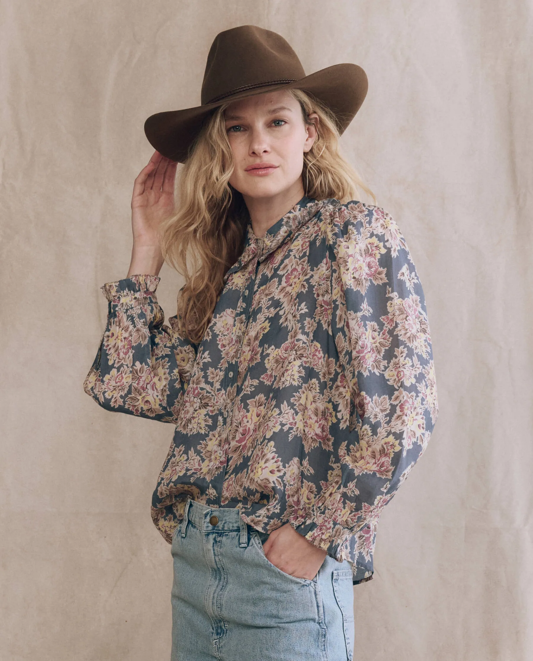 The Hemingway Top. -- Indigo Floral sold by THE GREAT.