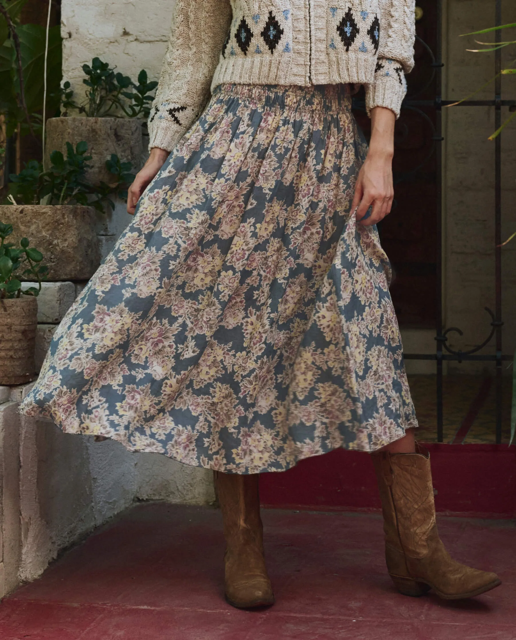 The Canary Skirt. -- Indigo Floral sold by THE GREAT.