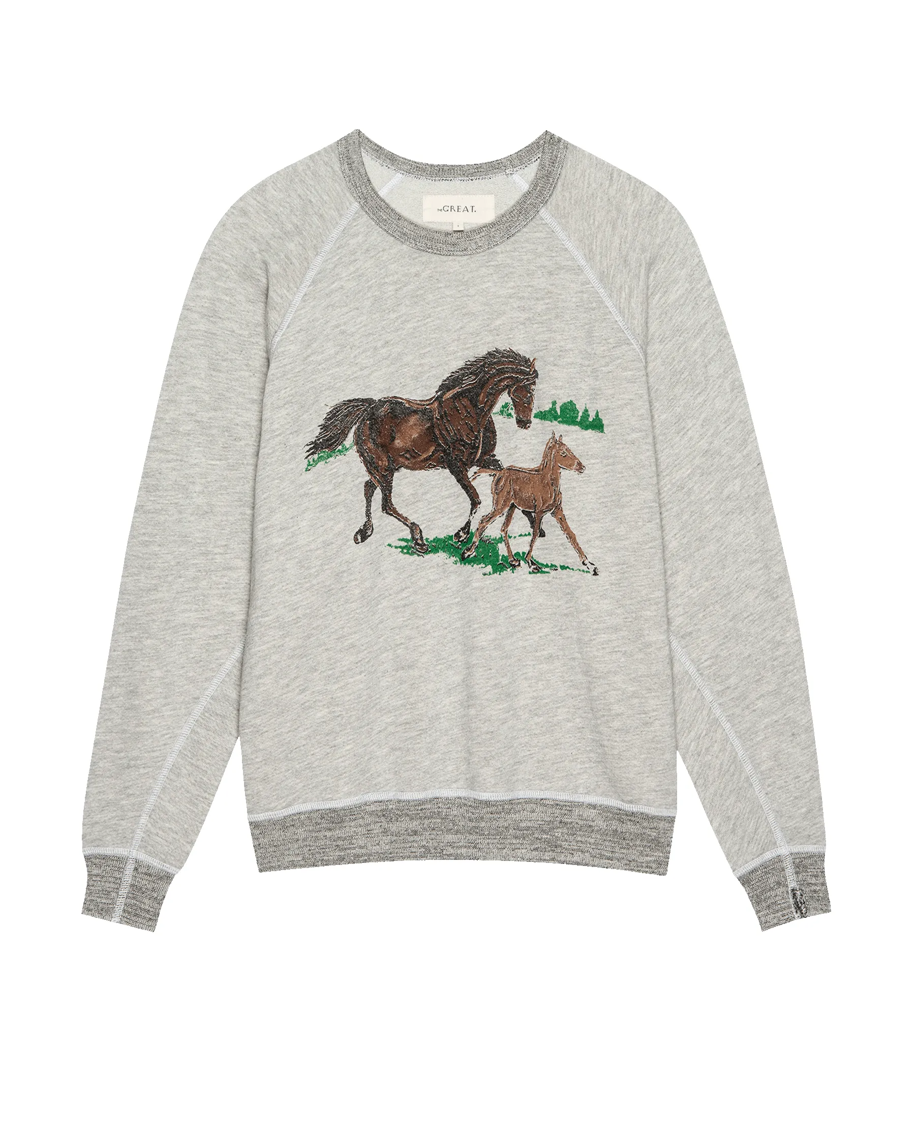 The College Sweatshirt. Graphic -- Soft Heather Grey with Running Horses sold by THE GREAT. product image thumbnail 5