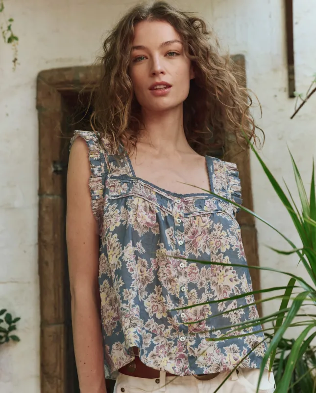 The Victorian Pleat Tank. -- Indigo Floral sold by THE GREAT.