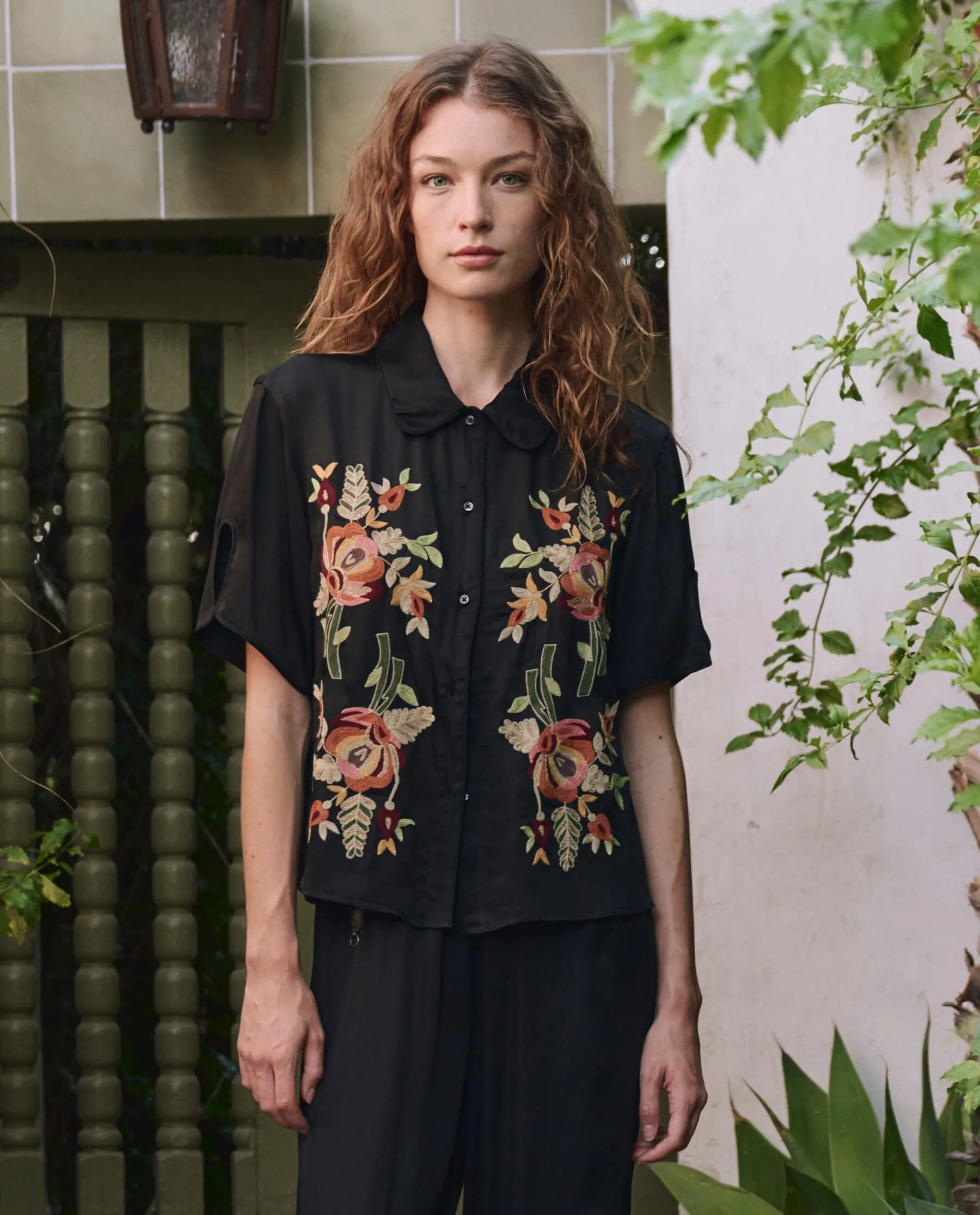 The Tavern Button Up. -- Black with Bouquet Floral Embroidery sold by THE GREAT.