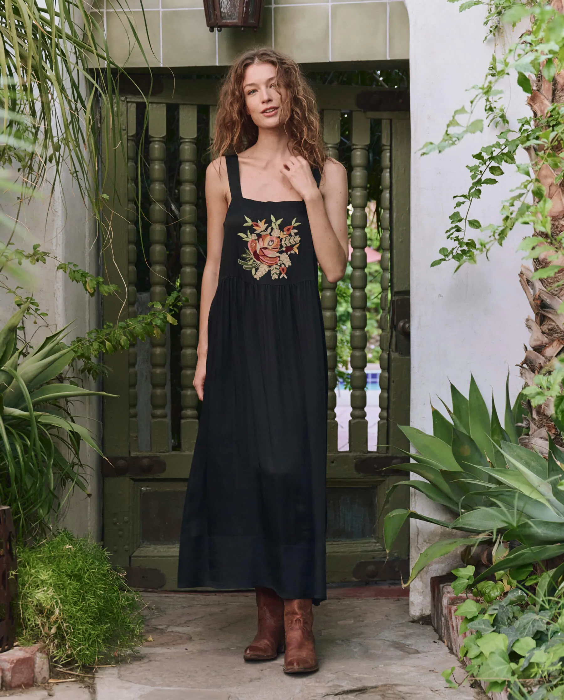 The Day Dress. -- Black with Bouquet Floral Embroidery sold by THE GREAT.