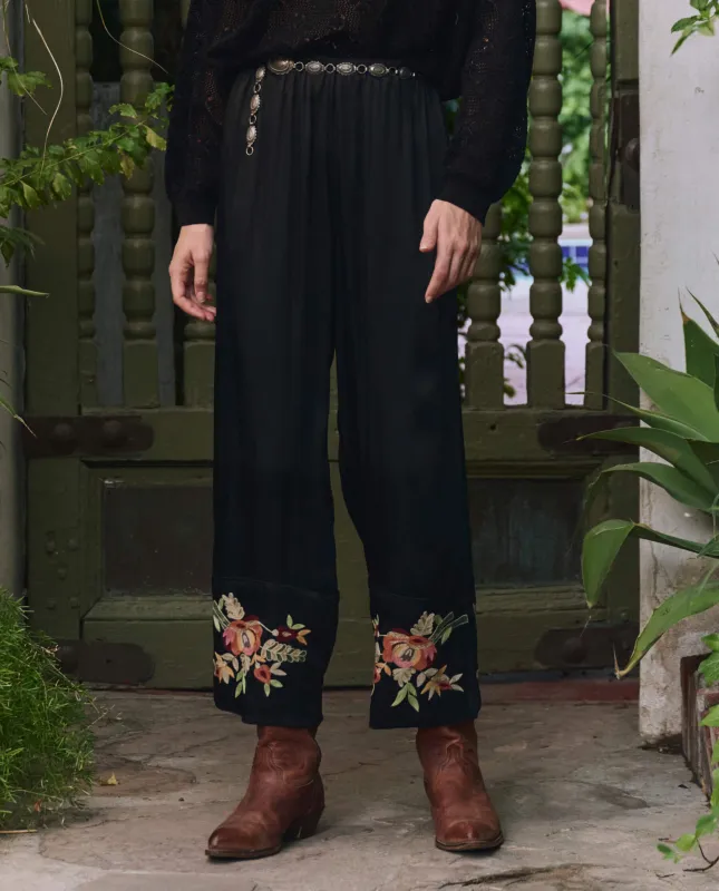 The Cuffed Pant.  -- Black with Bouquet Floral Embroidery sold by THE GREAT.
