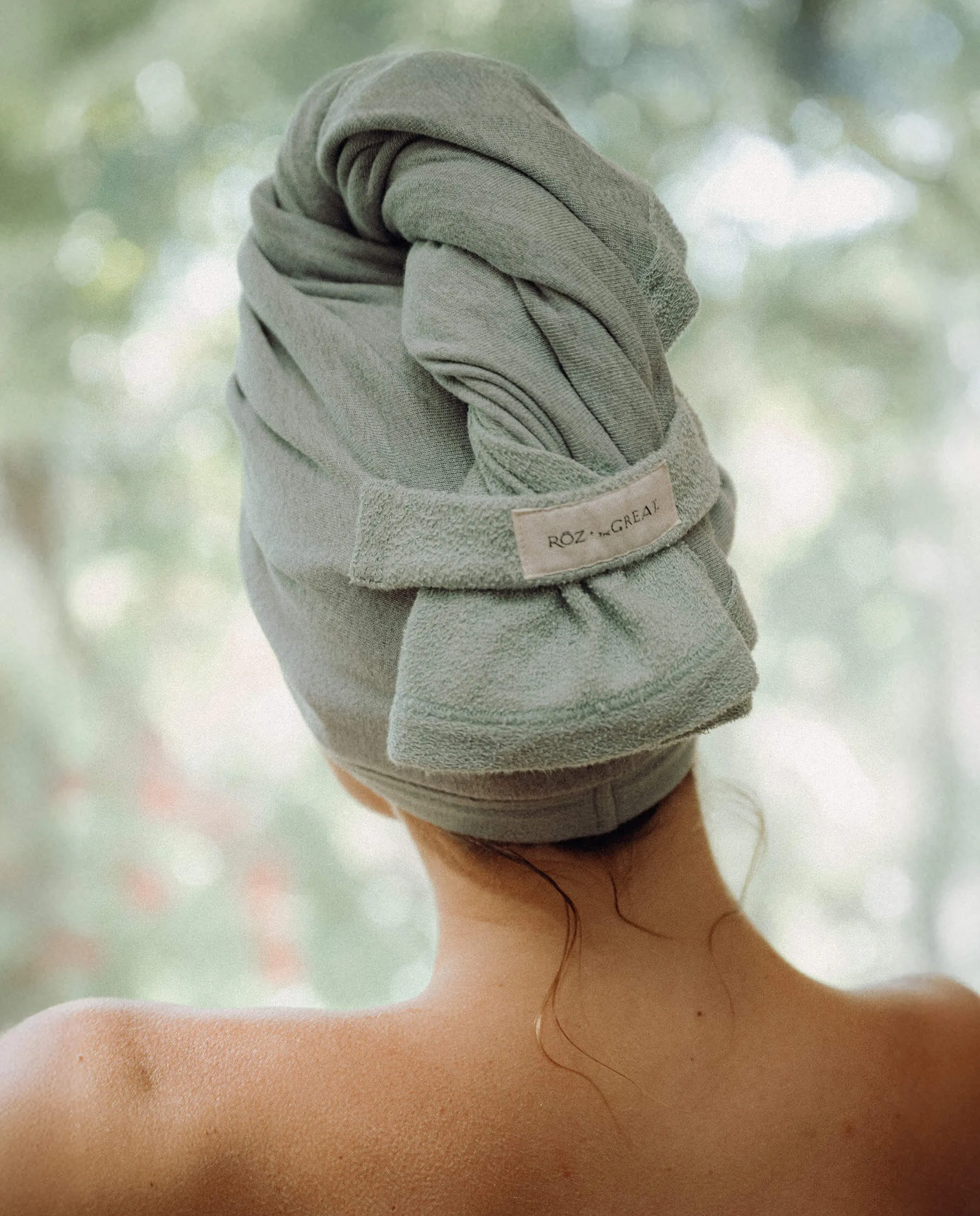 RŌZ + The GREAT The Sweatshirt Hair Towel. -- Seaglass sold by THE GREAT.