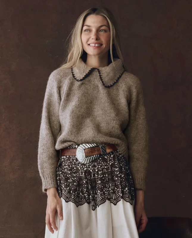 The Crochet Collar Pullover. -- Oat with Brown sold by THE GREAT.