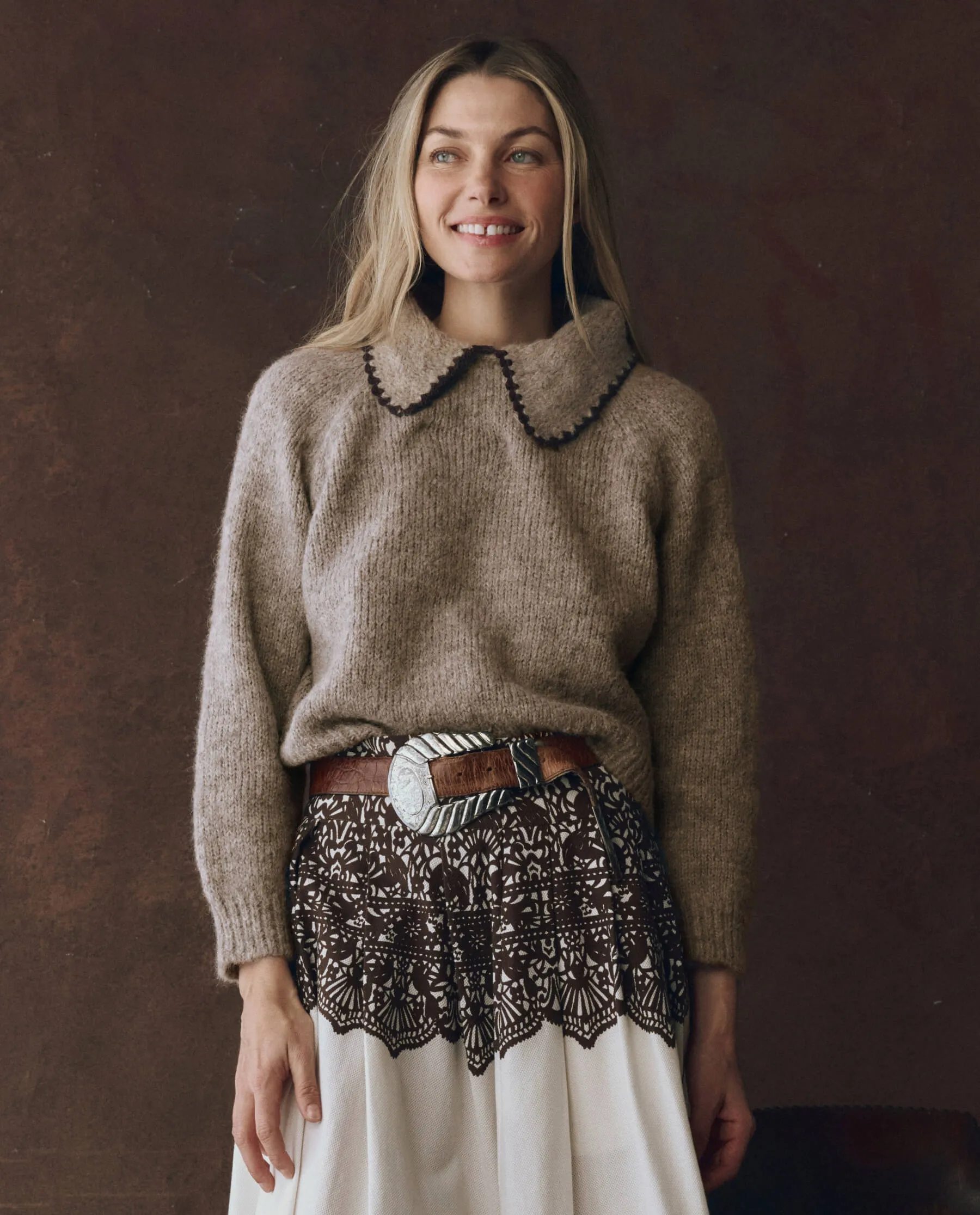 The Crochet Collar Pullover. -- Oat with Brown sold by THE GREAT.