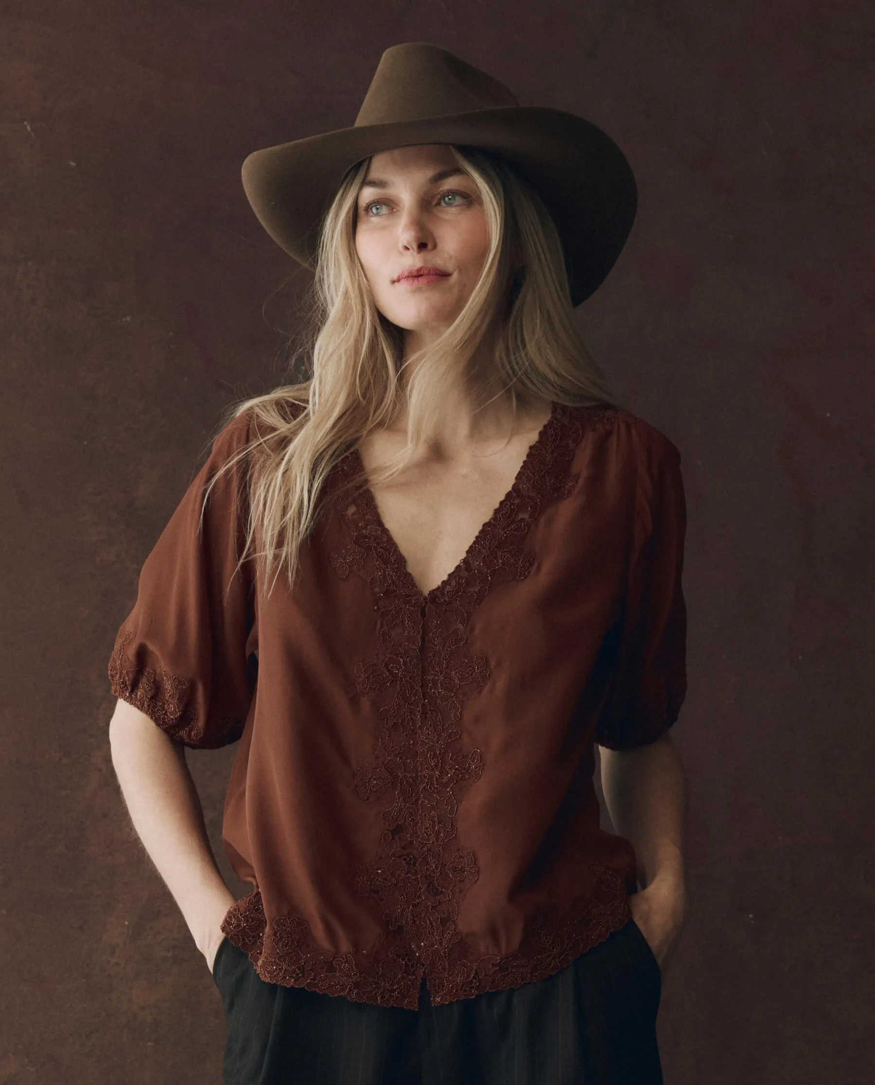 The Short Sleeve Legacy Top. -- Chocolate sold by THE GREAT.