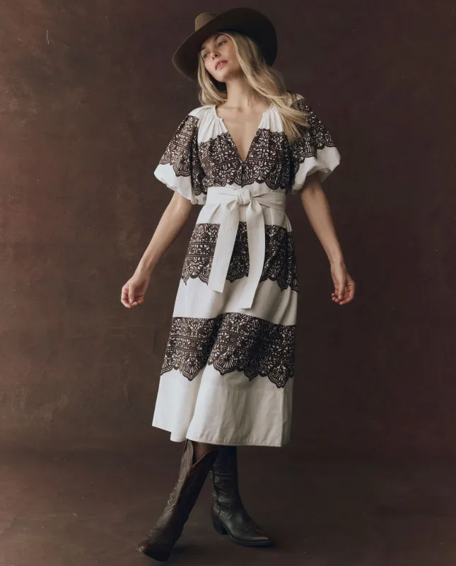 The Fairground Dress. -- Cream With Western Lace Print sold by THE GREAT.