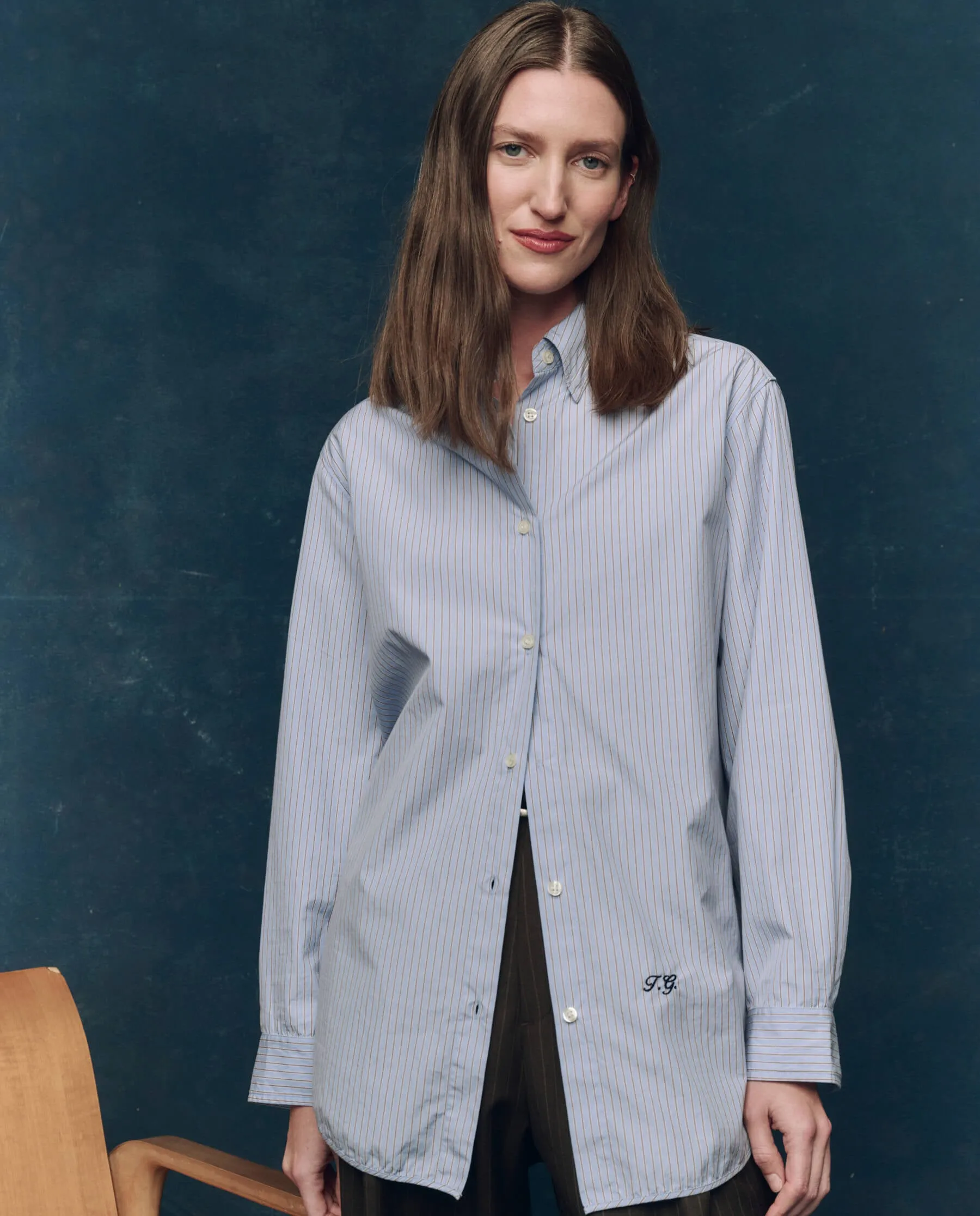 The Menswear Button Up. -- Alumni Stripe sold by THE GREAT.