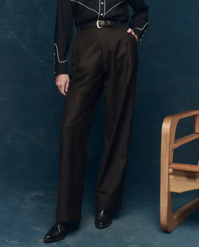The Menswear Trouser. -- Chocolate Stripe sold by THE GREAT.