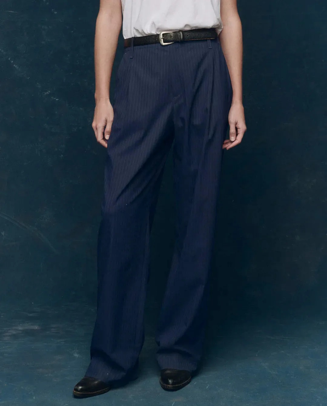 The Menswear Trouser. -- Dark Blue Stripe sold by THE GREAT.