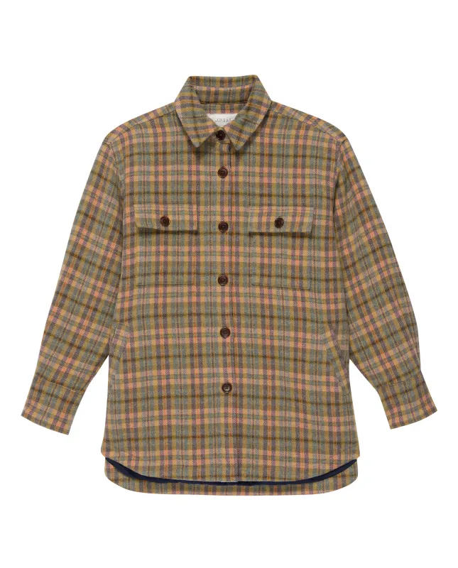 The State Park Shirt Jacket. -- Army and Peach Plaid sold by THE GREAT.