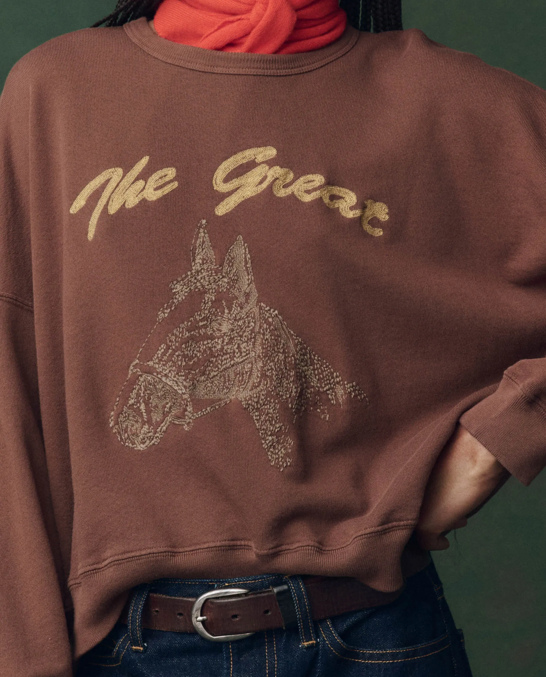 The Teammate Sweatshirt. Embroidered -- Umber with Horse Embroidery sold by THE GREAT. product image thumbnail 2