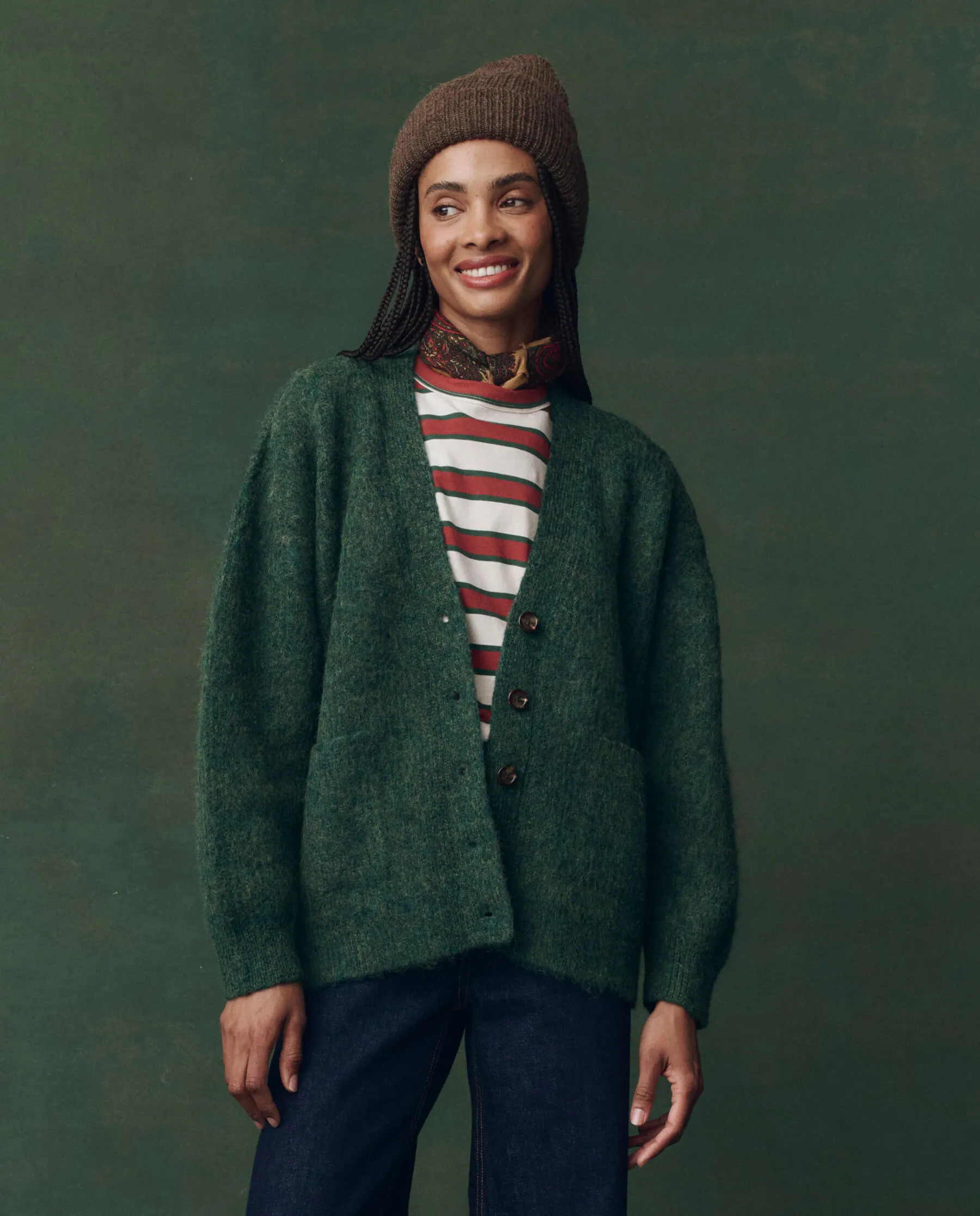 The Brushed Melange Cardigan. -- Meadow Green sold by THE GREAT.
