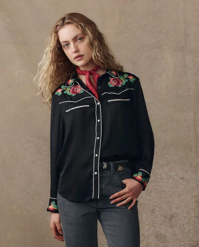 The Heirloom Rose Western Shirt. -- Black sold by THE GREAT.