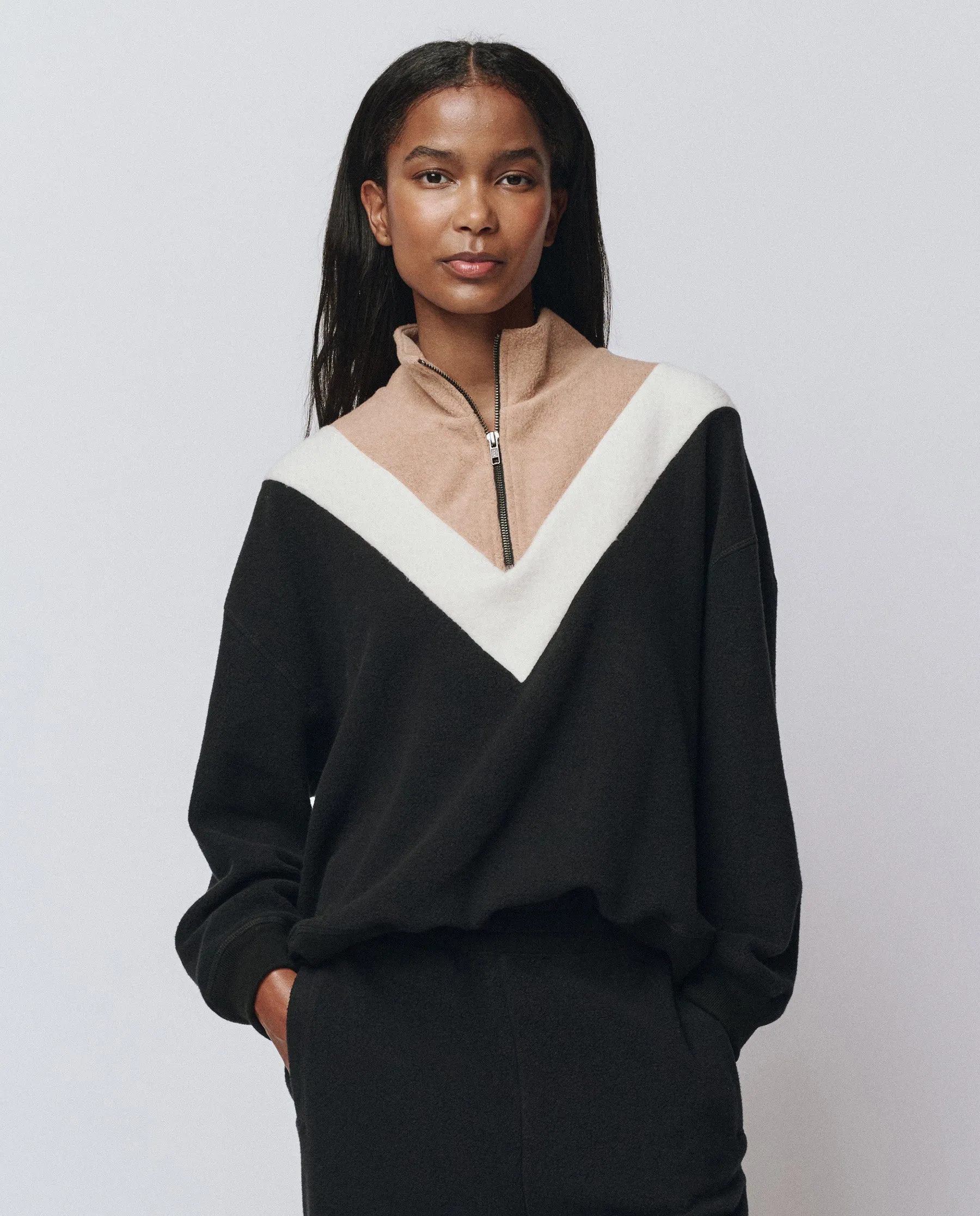 The Colorblock Plush Chalet Sweatshirt. -- Almost Black sold by THE GREAT.