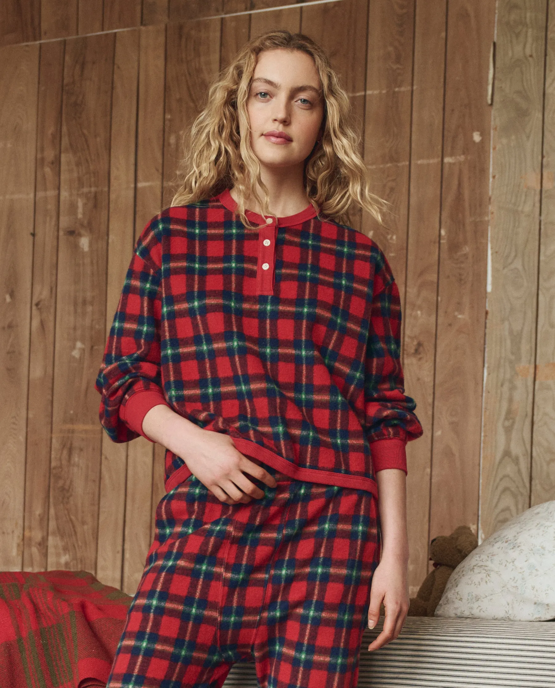 The Plush Fleece Henley Sleep Sweatshirt. -- Cedarwoods Plaid sold by THE GREAT.