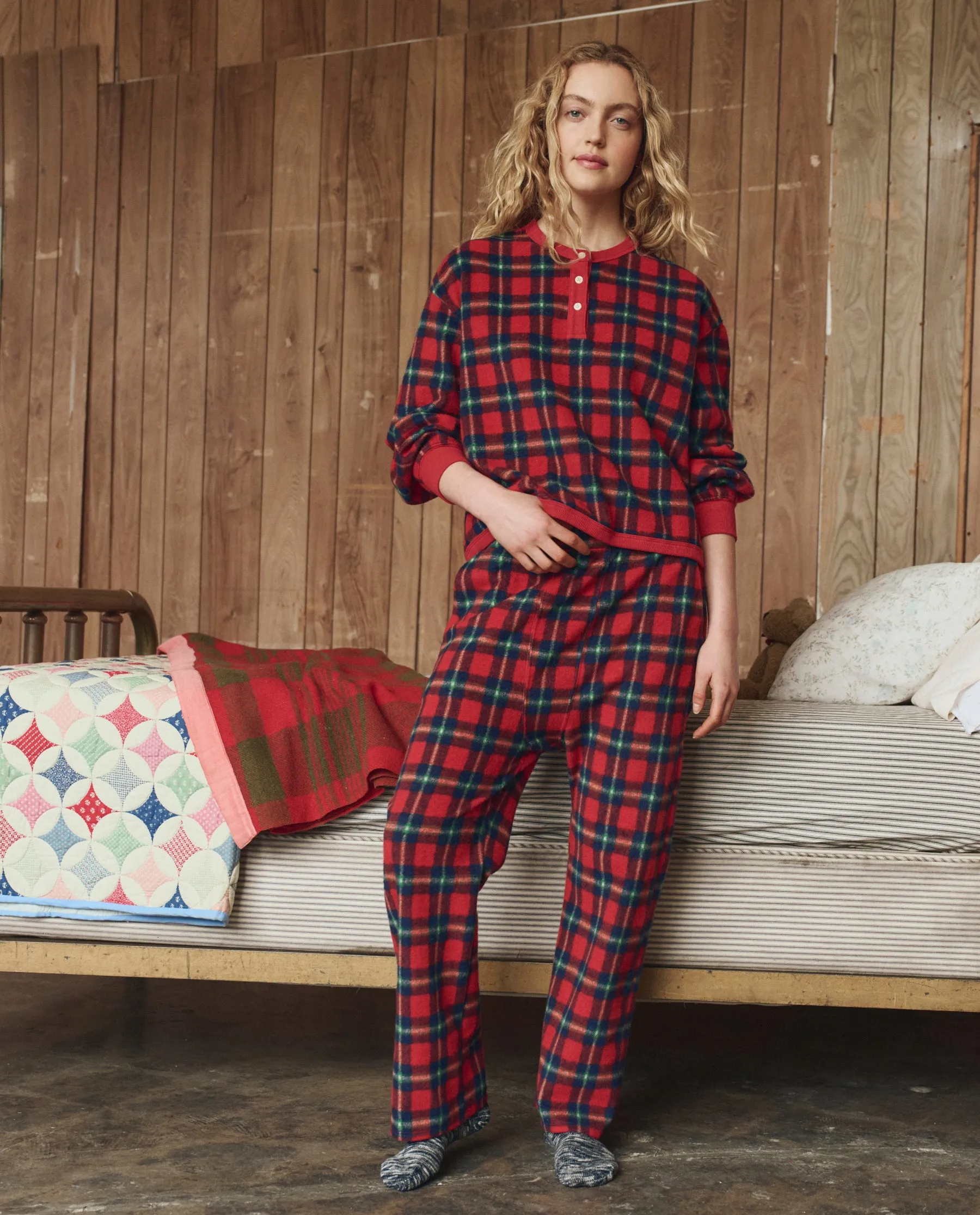 The Plush Fleece Henley Sleep Sweatshirt. -- Cedarwoods Plaid sold by THE GREAT. product image thumbnail 5