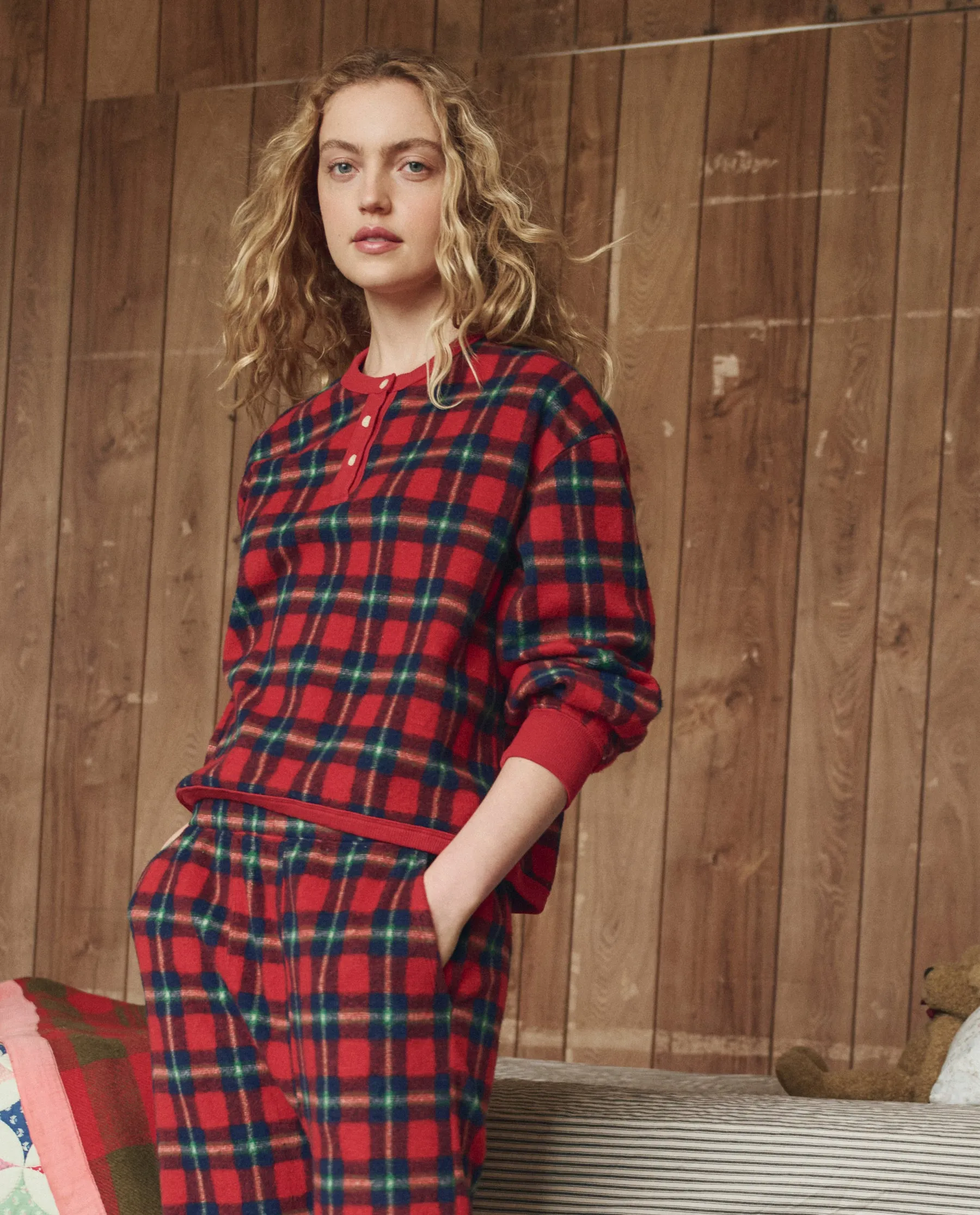 The Plush Fleece Henley Sleep Sweatshirt. -- Cedarwoods Plaid sold by THE GREAT. product image thumbnail 4