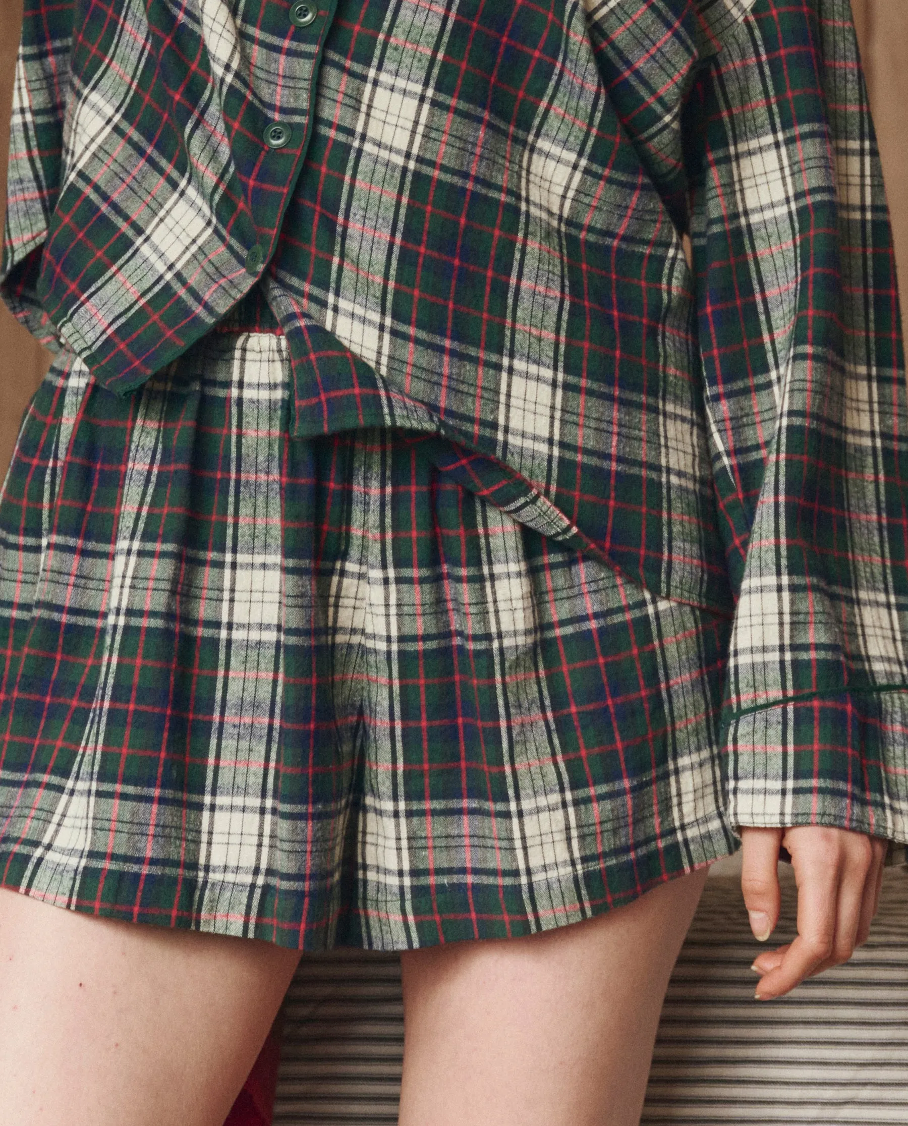 The Flannel Smocked Sleep Short. -- Pine Lodge Plaid sold by THE GREAT.