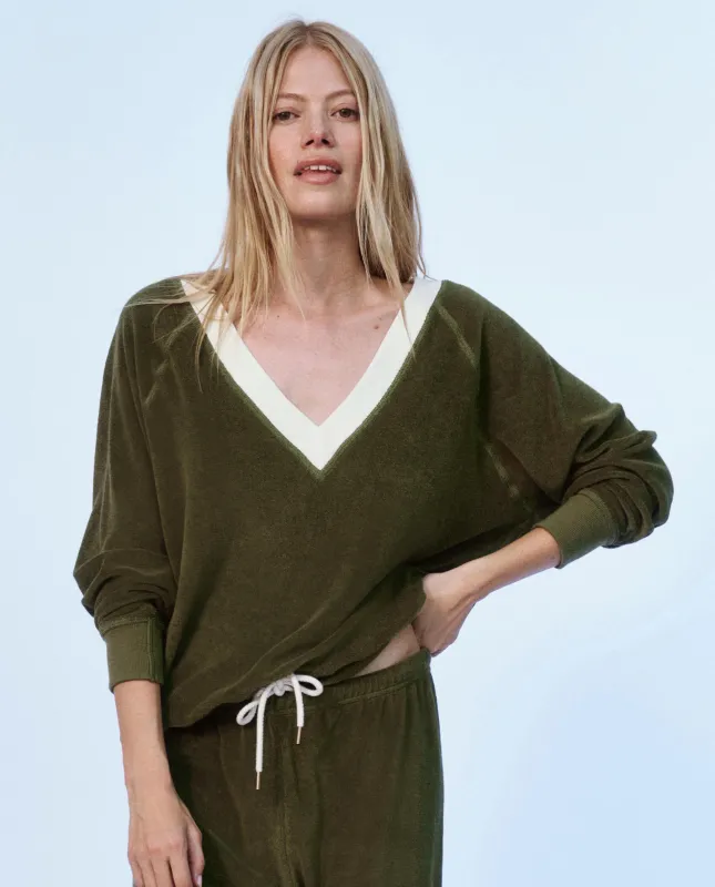 The Microterry V-Neck Sweatshirt. -- Army sold by THE GREAT.