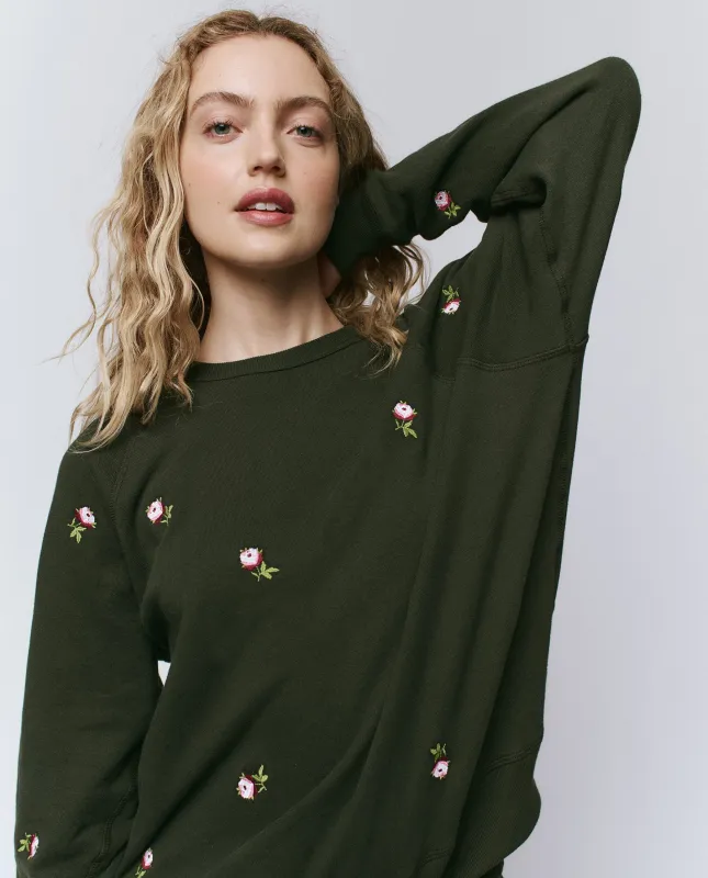 The College Sweatshirt. Embroidered -- Woodland Green With Embroidered Roses sold by THE GREAT.