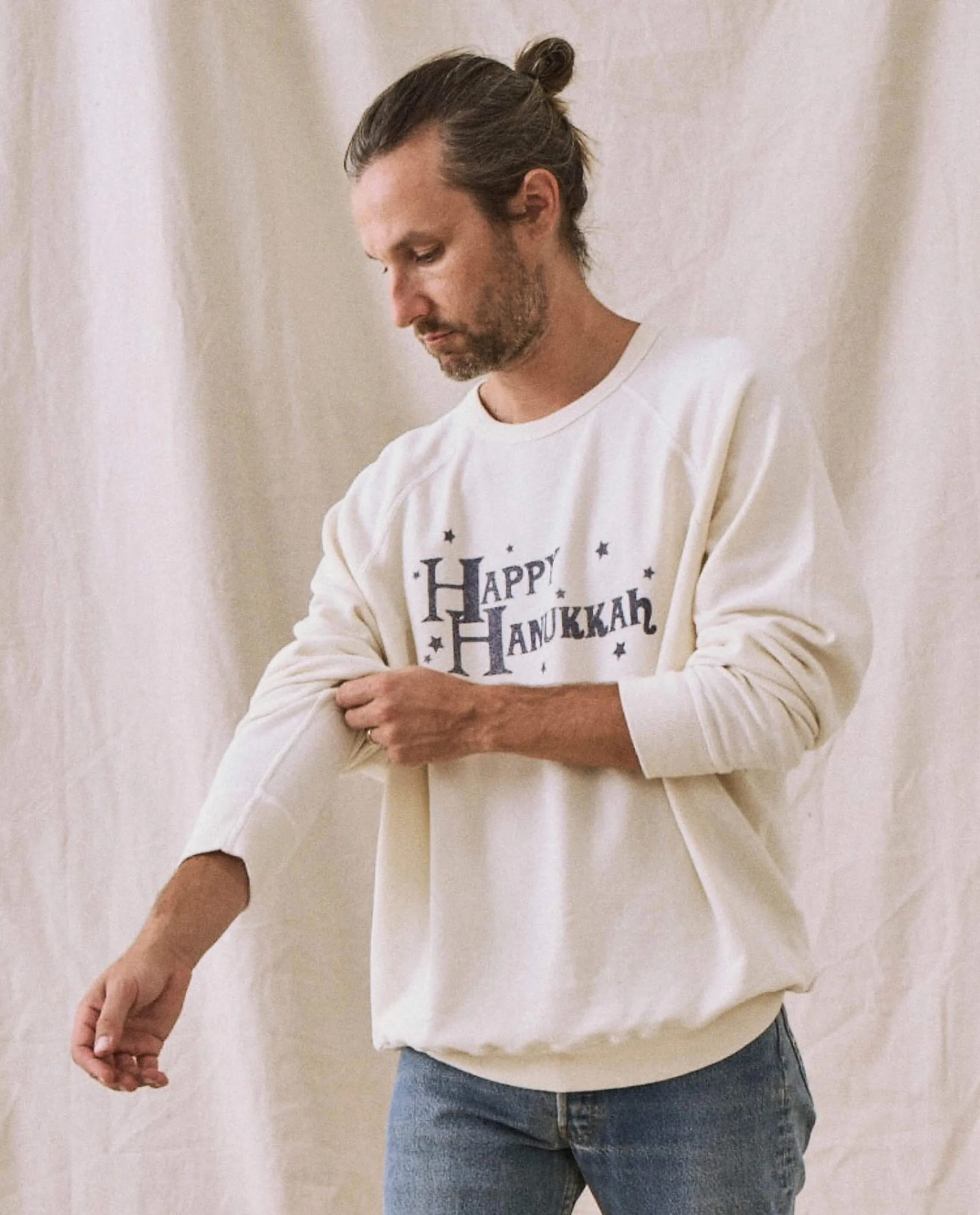 The Men's College Sweatshirt. -- Washed White with Hanukkah Graphic sold by THE GREAT. product image thumbnail 5