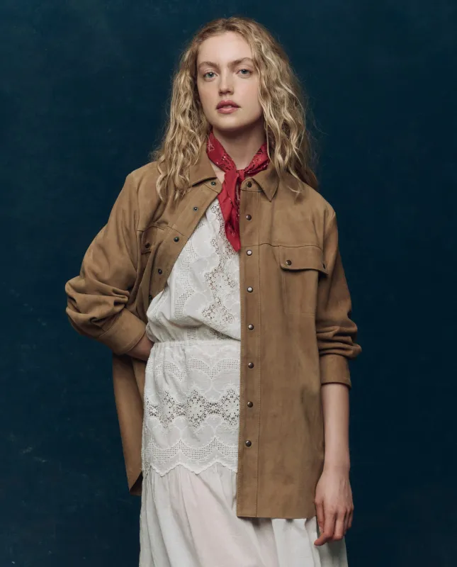 The Suede Traveler Jacket. -- Golden Brown sold by THE GREAT.