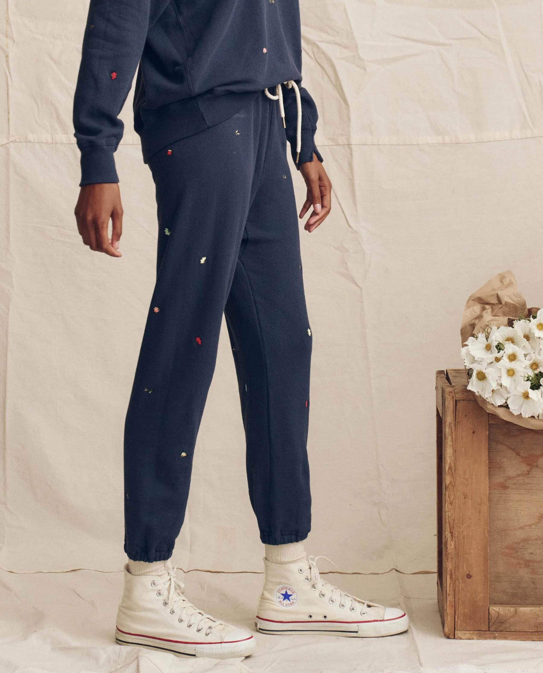 The Stadium Sweatpant. Embroidered -- Navy with Tossed Floral Embroidery sold by THE GREAT. product image thumbnail 4