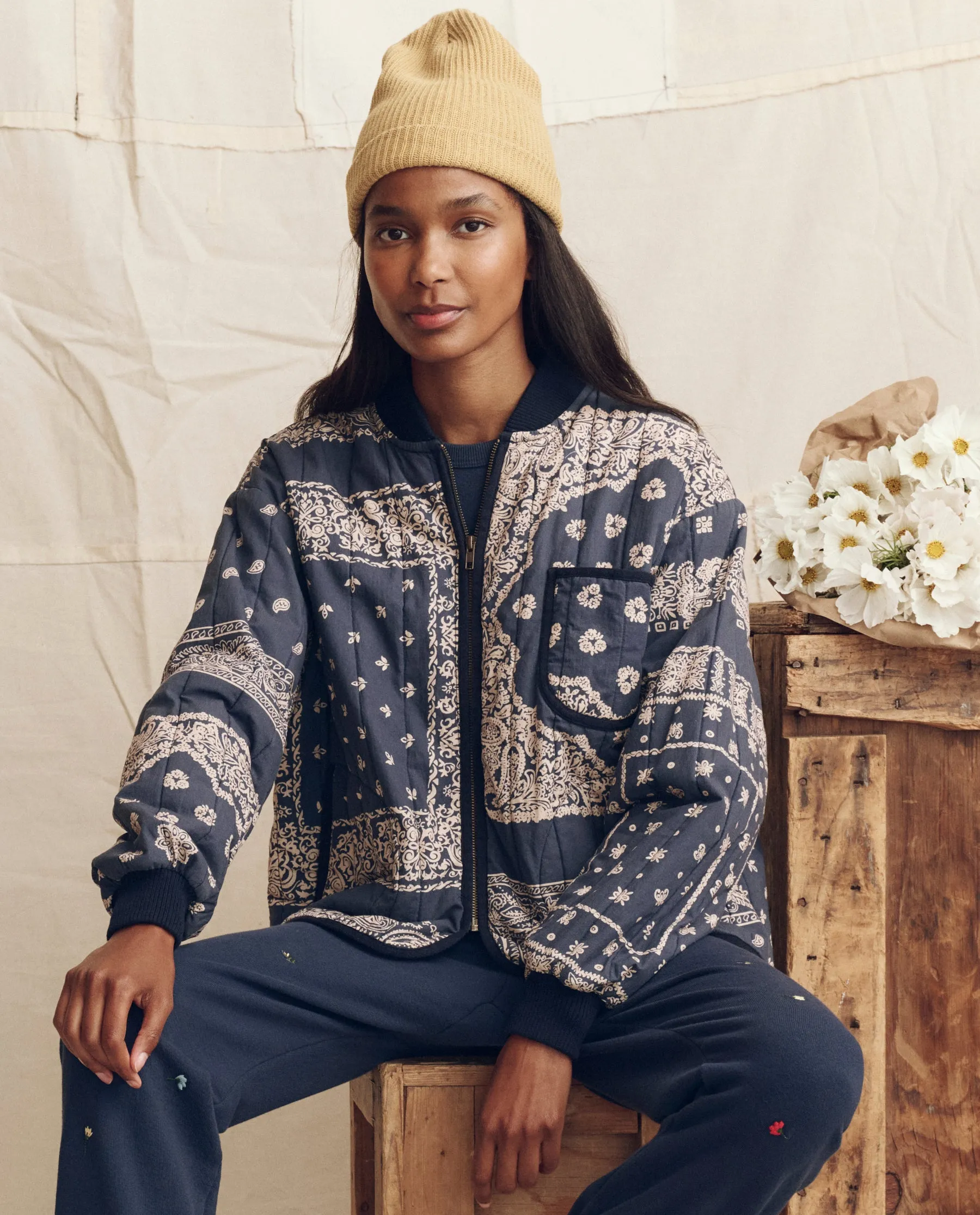 The Quilted Bomber. -- Navy Bandana Print sold by THE GREAT. product image thumbnail 2