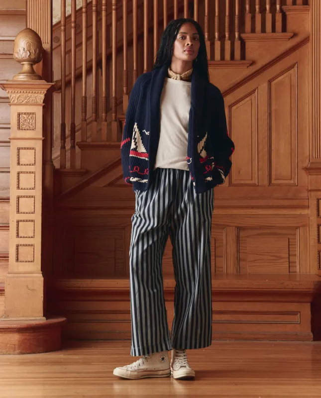 The Everyday Pull On Pant. -- Blue Club Stripe sold by THE GREAT.