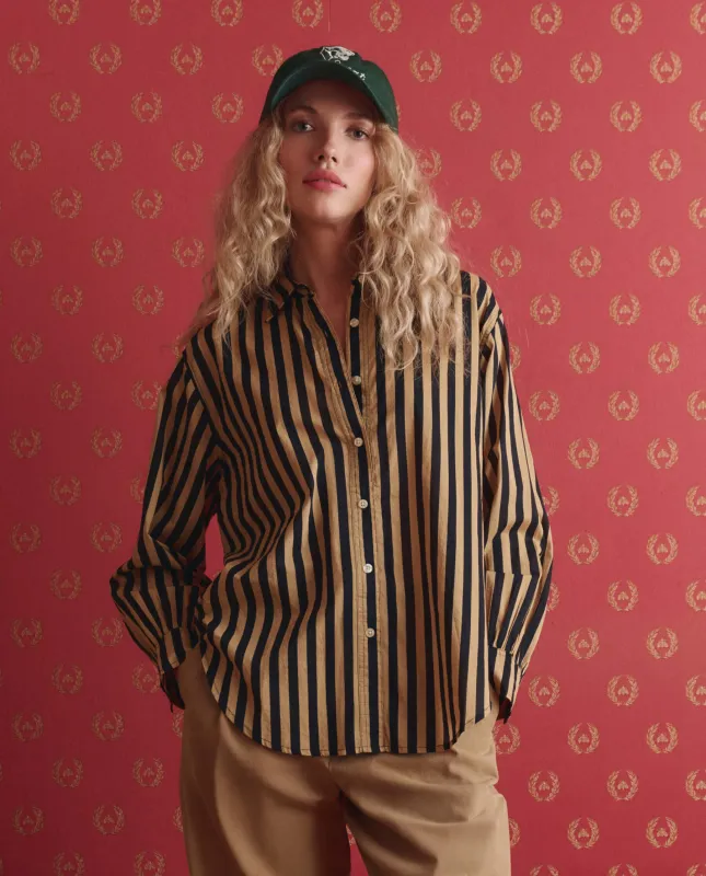 The Daily Button Up. -- Khaki/Black Club Stripe sold by THE GREAT.