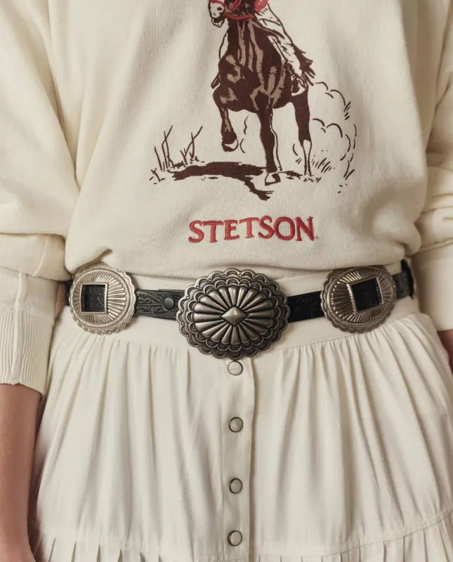 The Tooled Leather Concho Belt. -- Black With Silver made by THE GREAT.