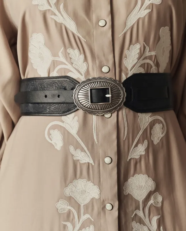 The Tooled Waist Belt. -- Black With Silver made by THE GREAT.