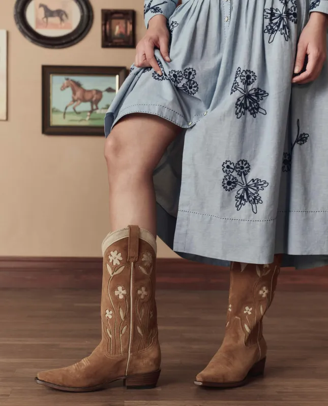 The Cowboy Boot (Suede Floral). -- Tan Floral made by THE GREAT.