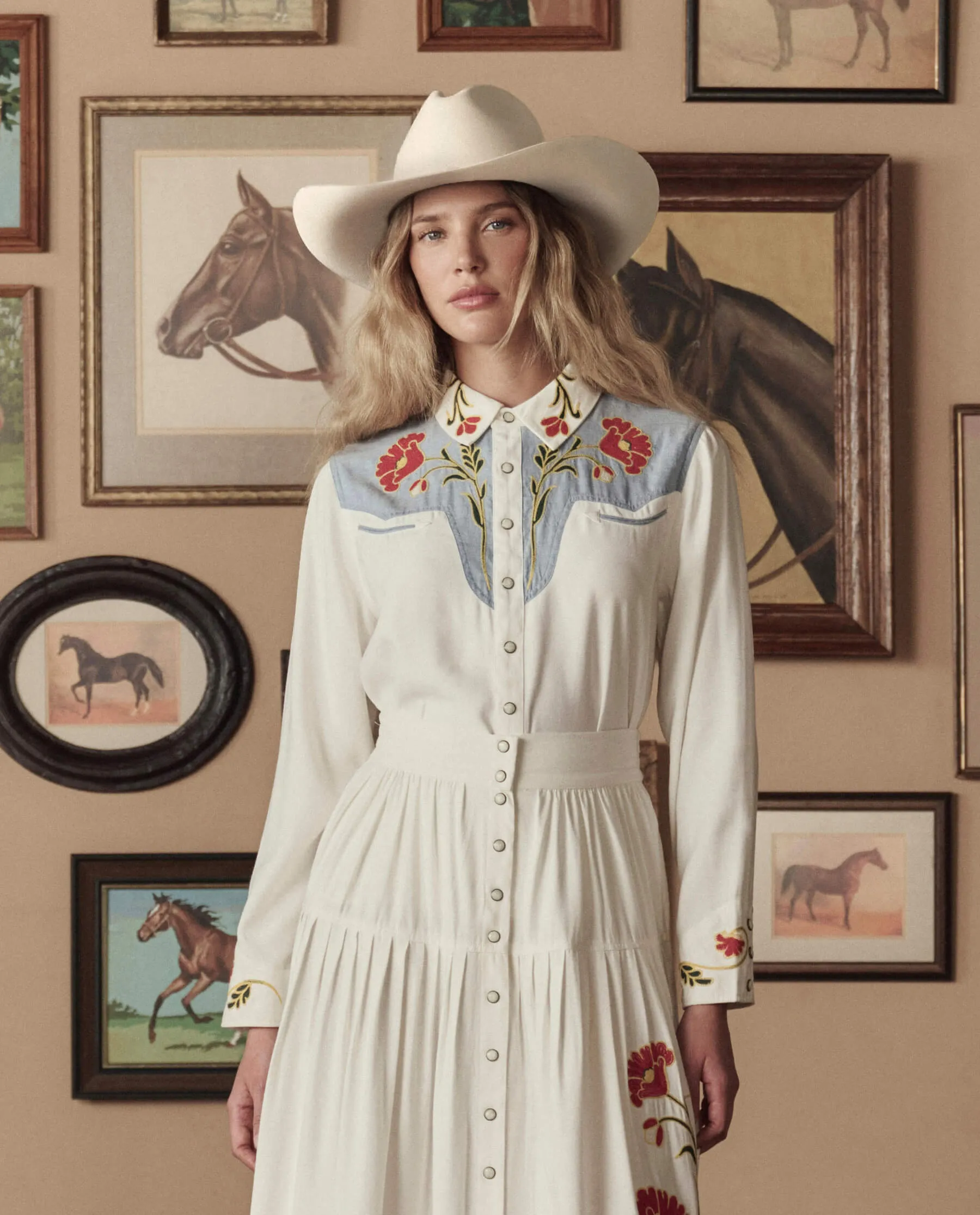 The Embroidered Western Shirt. -- Cream With Chambray Mix Multi Emb sold by THE GREAT.