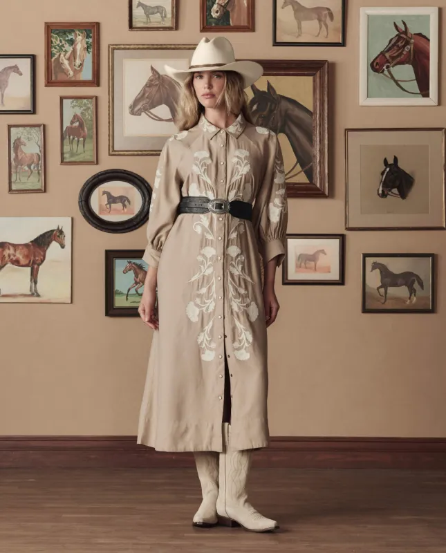 The Western Embroidered Herd Dress. -- Soft Tan W/ Cream Emb sold by THE GREAT.