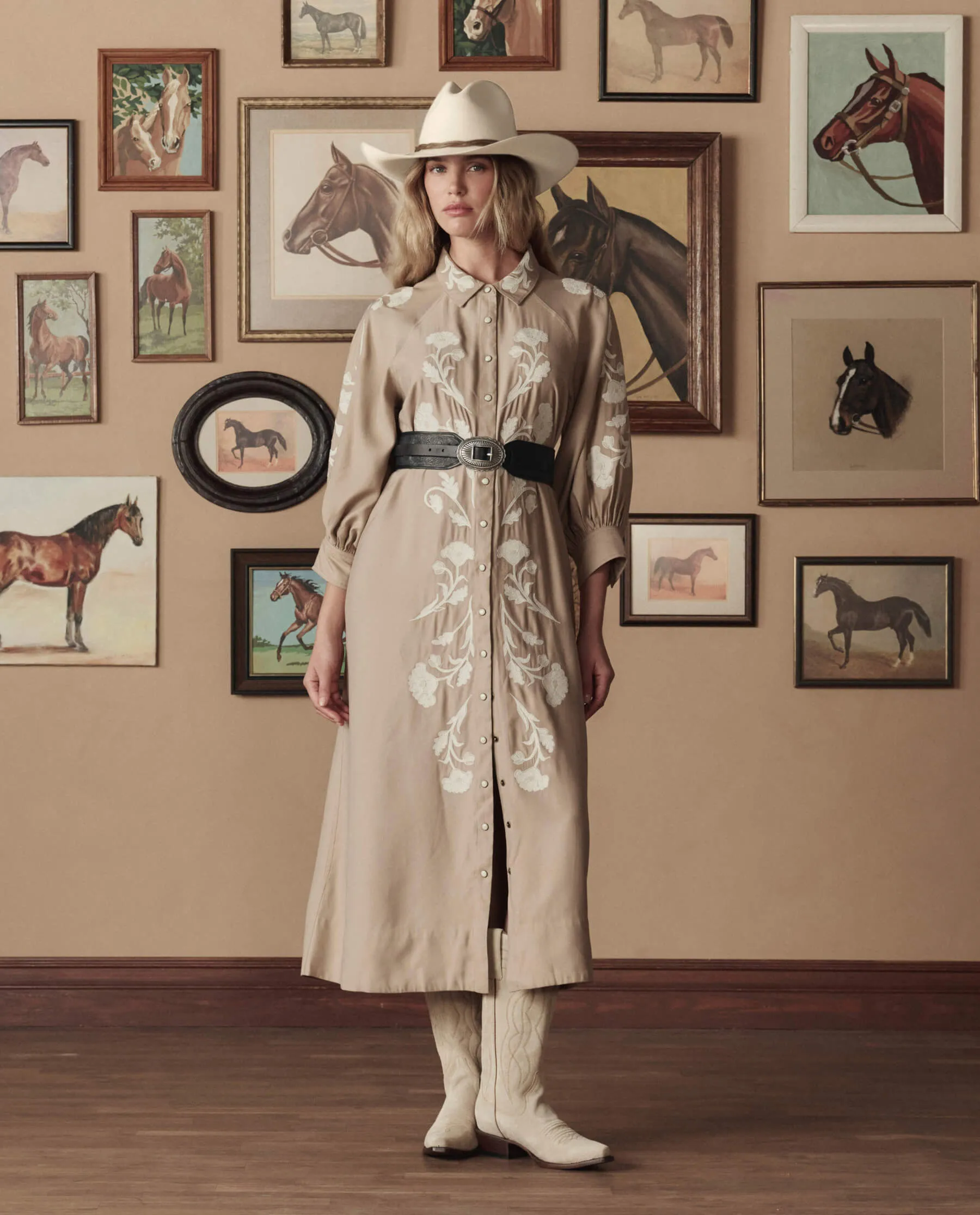 The Western Embroidered Herd Dress. -- Soft Tan W/ Cream Emb sold by THE GREAT.