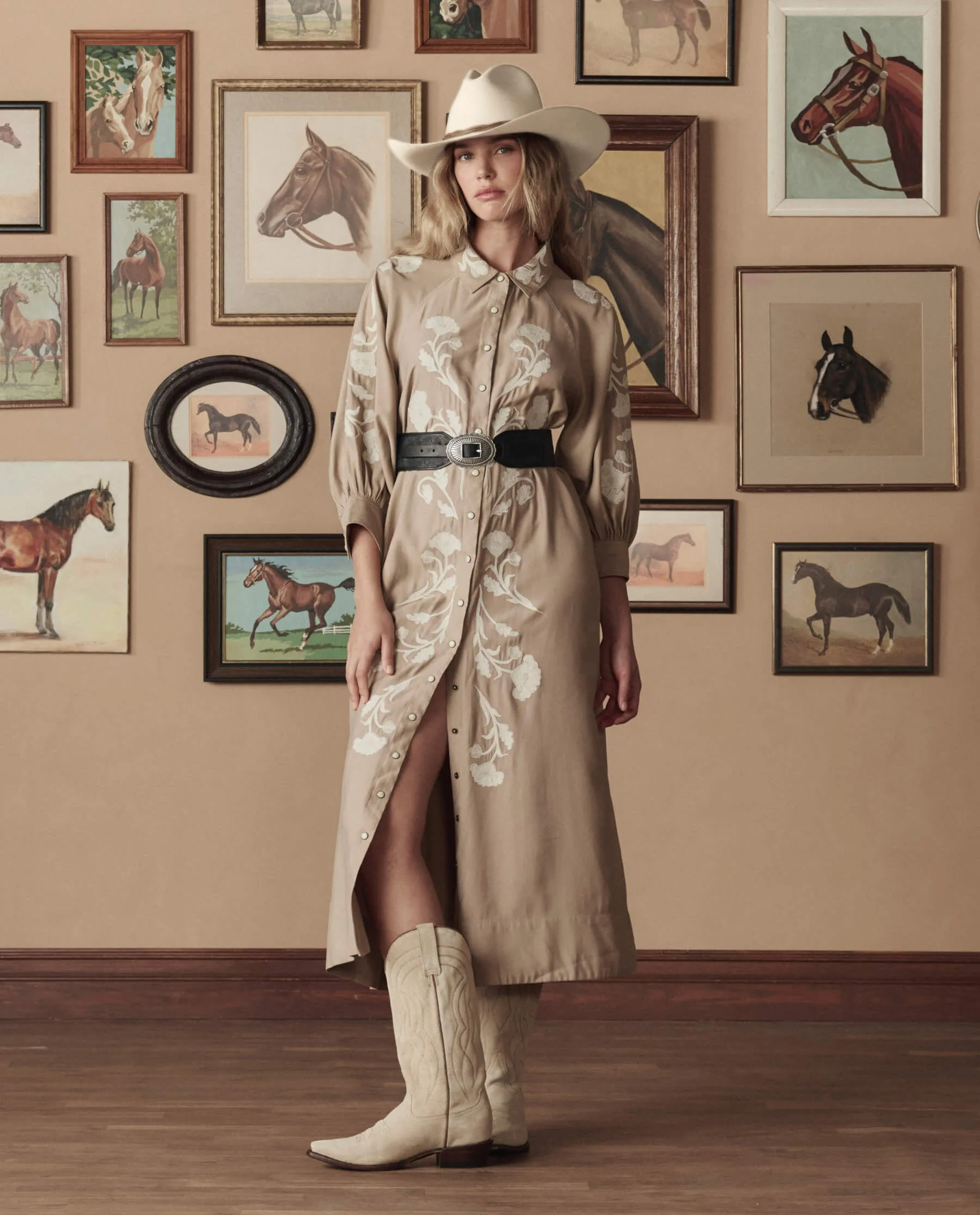 The Western Embroidered Herd Dress. -- Soft Tan W/ Cream Emb sold by THE GREAT. product image thumbnail 4