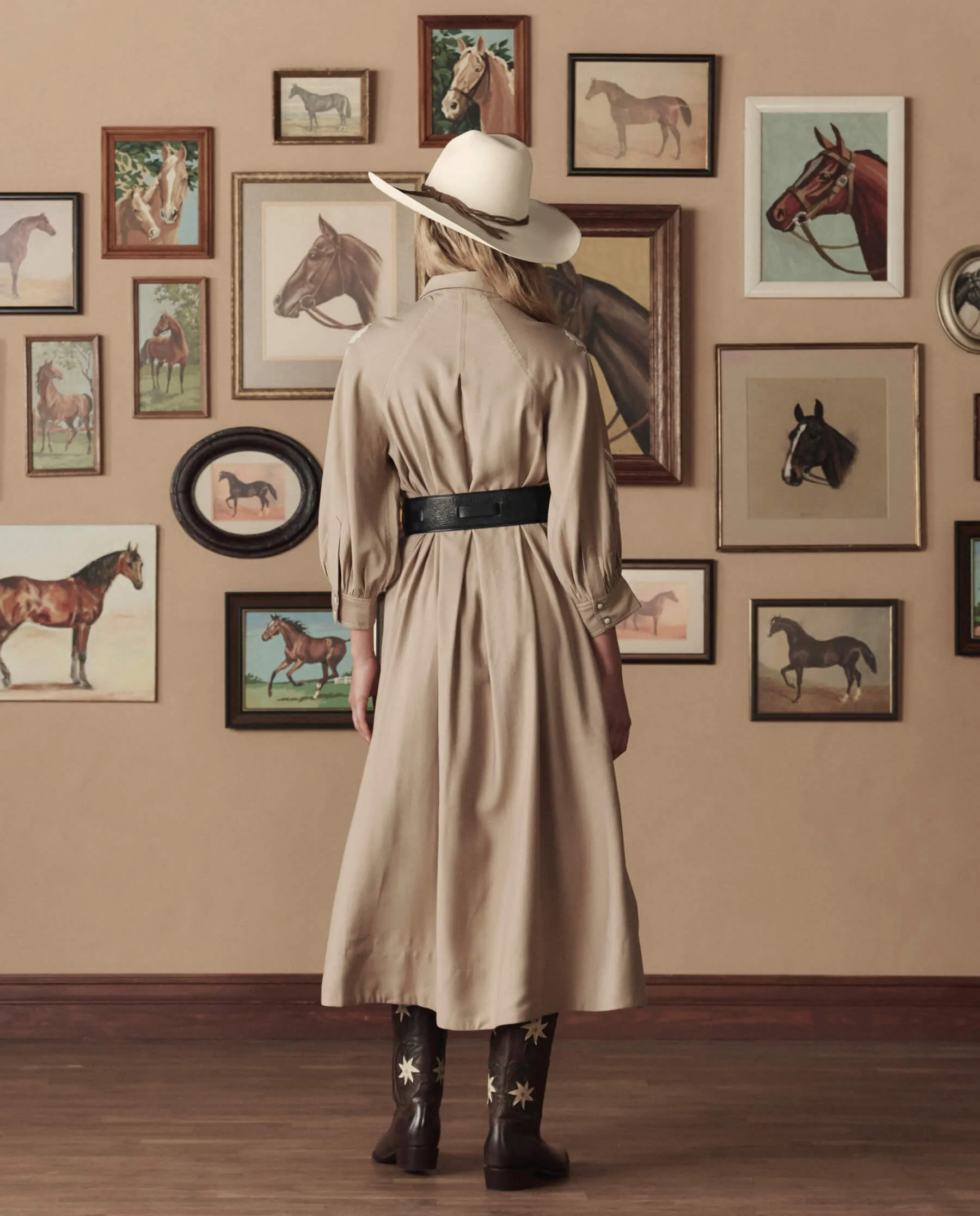 The Western Embroidered Herd Dress. -- Soft Tan W/ Cream Emb sold by THE GREAT. product image thumbnail 5