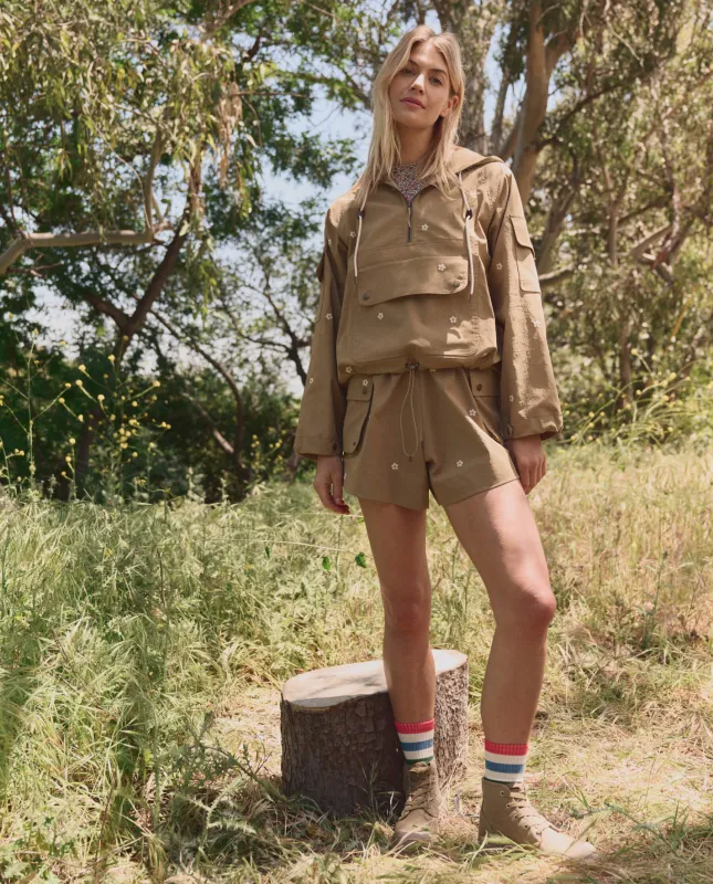 The Embroidered Cargo Short. -- Khaki With Cream Daisies sold by THE GREAT.