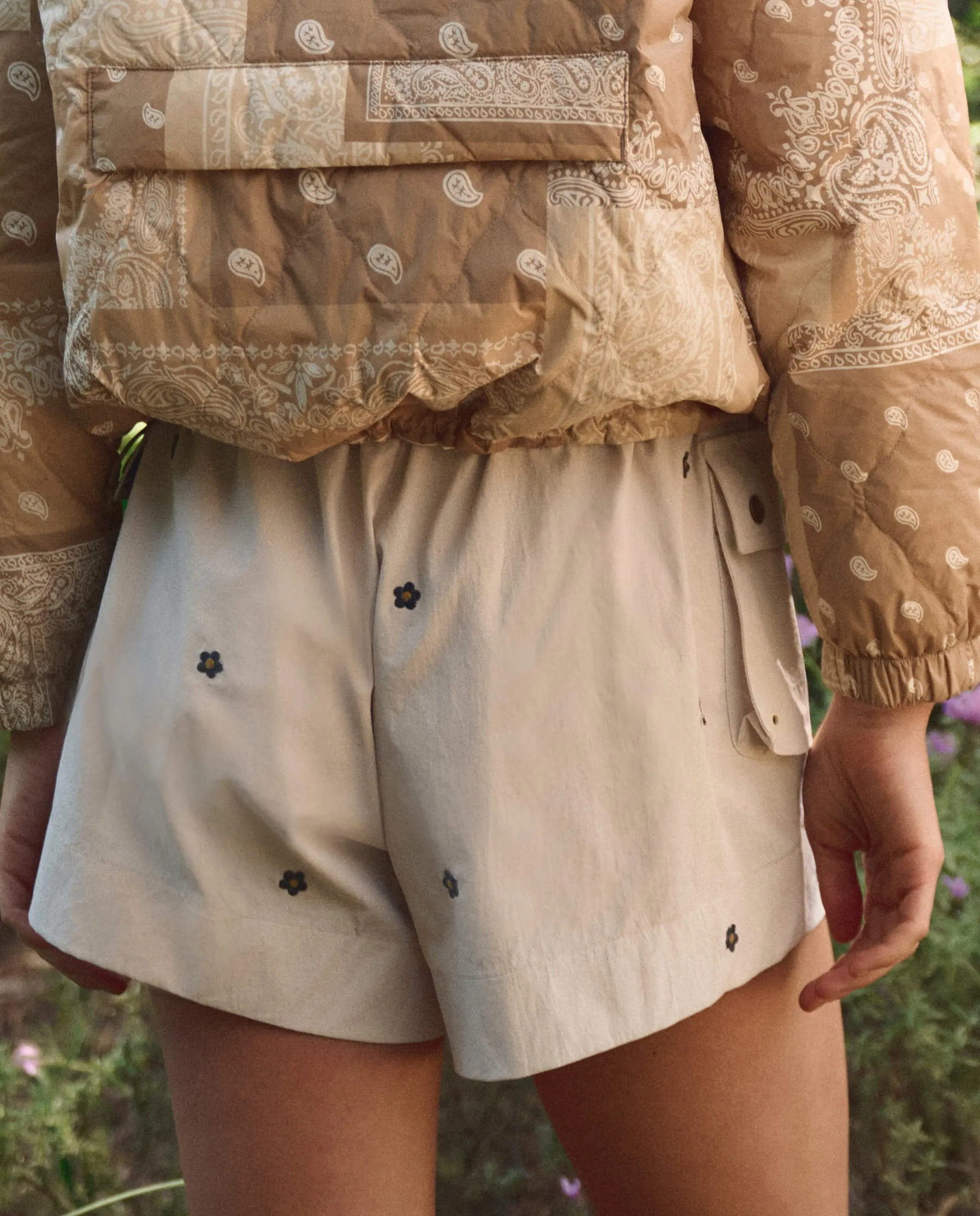 The Embroidered Cargo Short. -- Cream With Black Daisies sold by THE GREAT. product image thumbnail 4