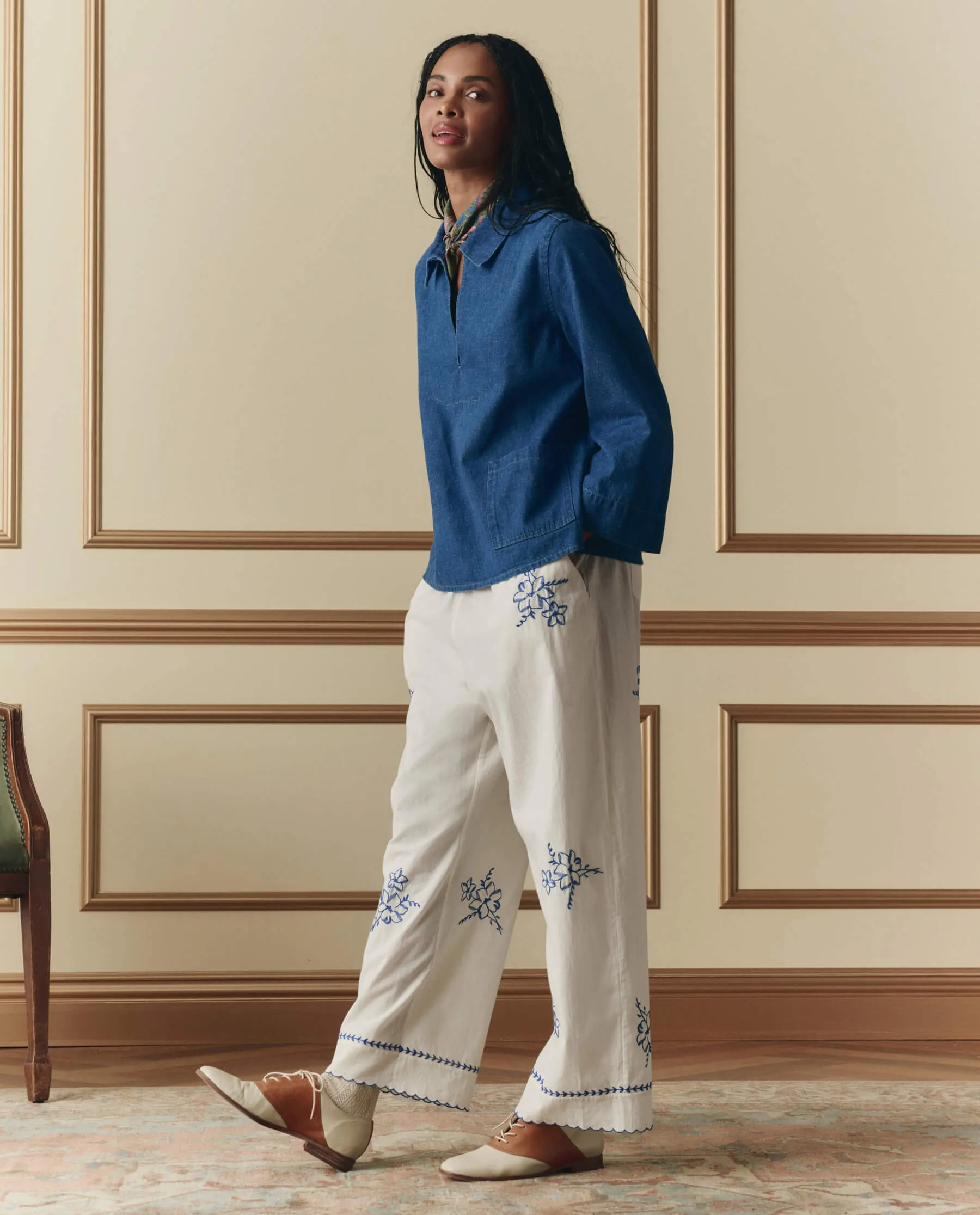 The Weekend Pant W/ Hanky Embroidery. -- Cream sold by THE GREAT.